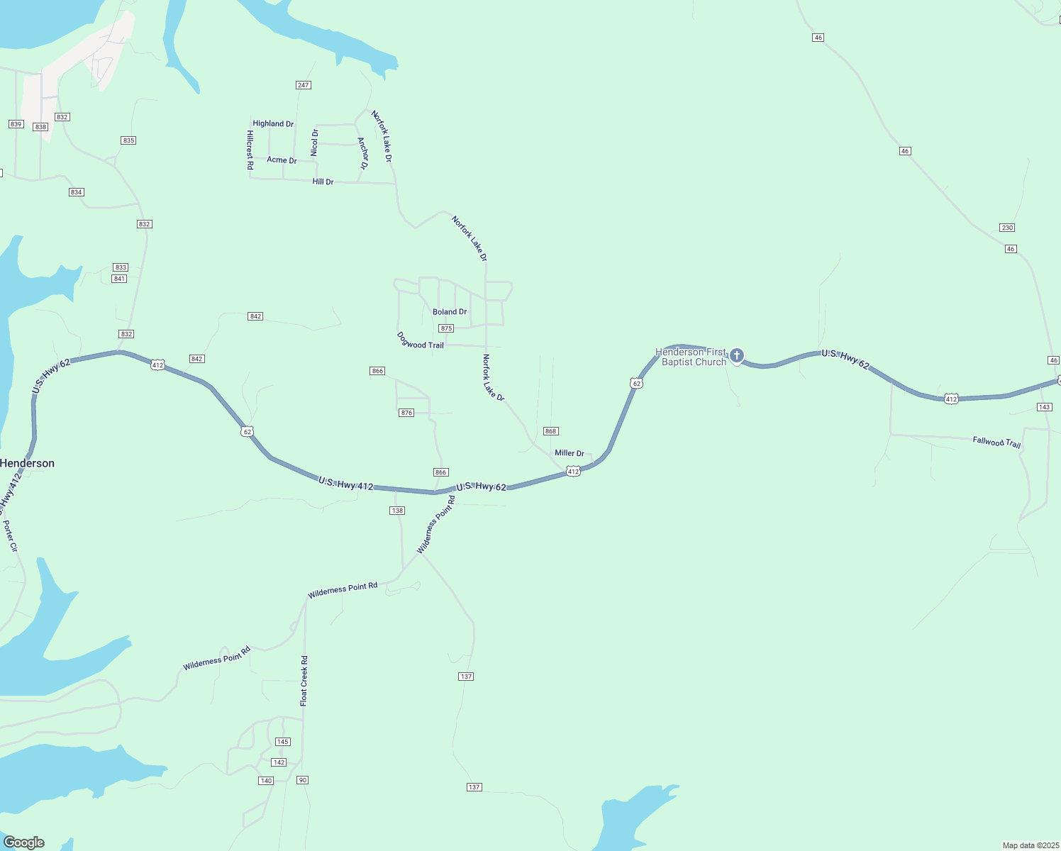 map of restaurants, bars, coffee shops, grocery stores, and more near 221 Norfork Lake Road in Henderson