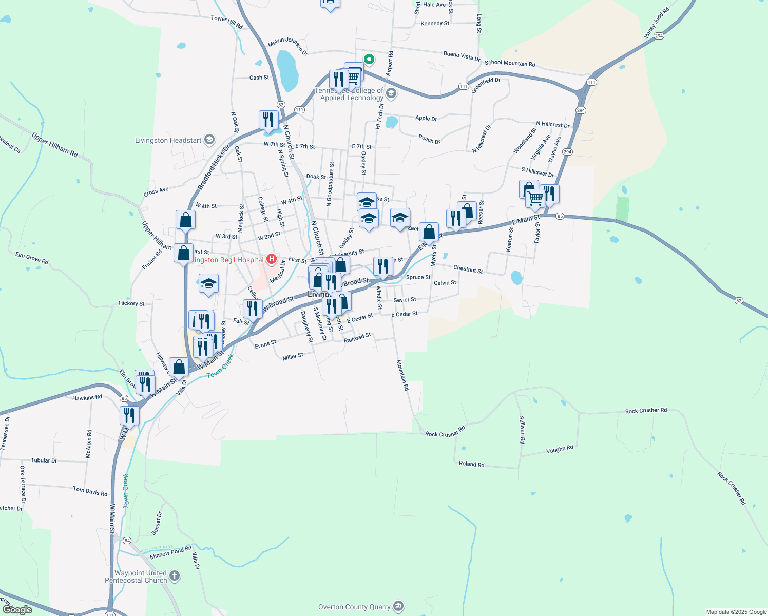map of restaurants, bars, coffee shops, grocery stores, and more near 305 Windle Street in Livingston