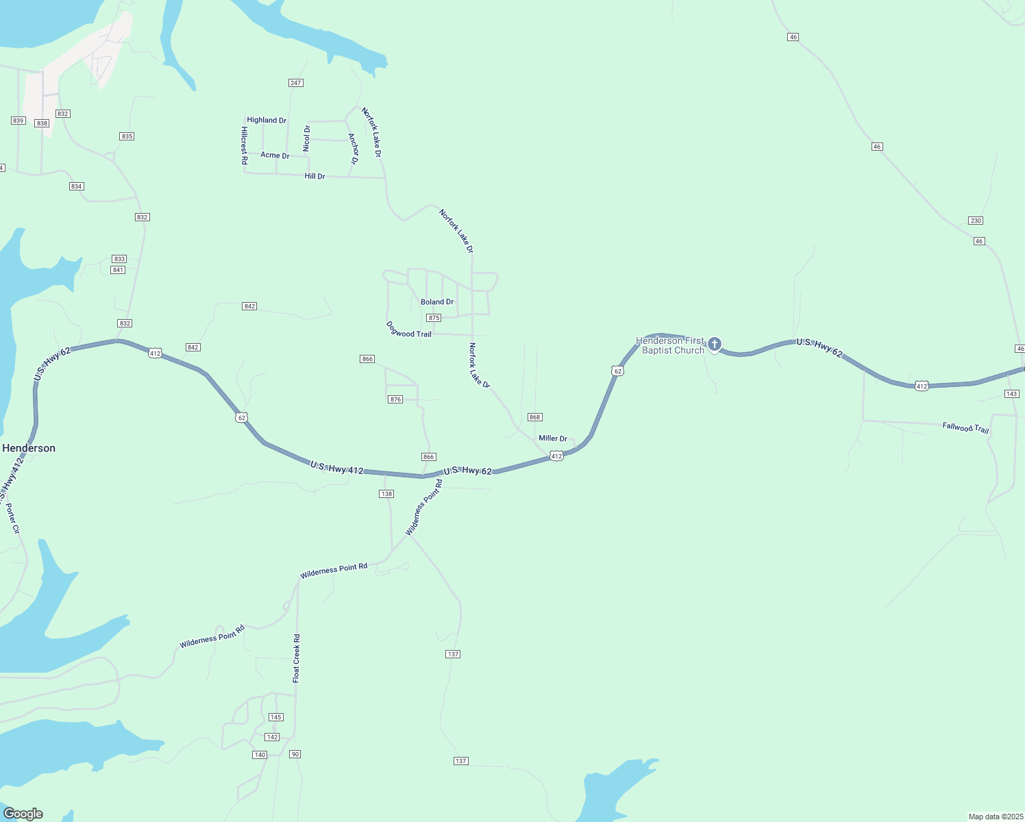 map of restaurants, bars, coffee shops, grocery stores, and more near 221 Norfork Lake Road in Henderson