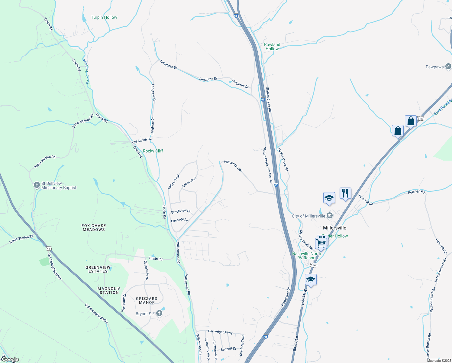 map of restaurants, bars, coffee shops, grocery stores, and more near 1420 Williamson Road in Goodlettsville