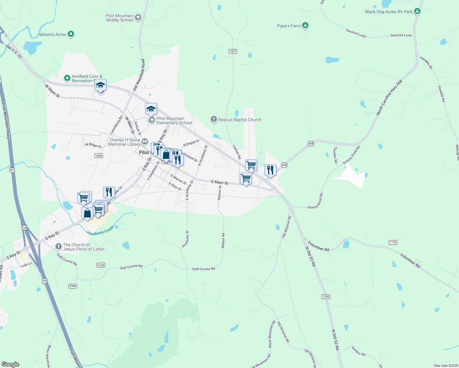 map of restaurants, bars, coffee shops, grocery stores, and more near 522 E Main St in Pilot Mountain