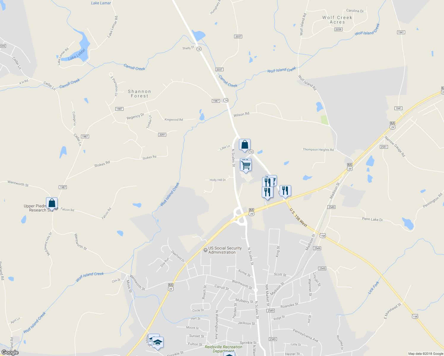 map of restaurants, bars, coffee shops, grocery stores, and more near 143 Holly Hill Drive in Reidsville