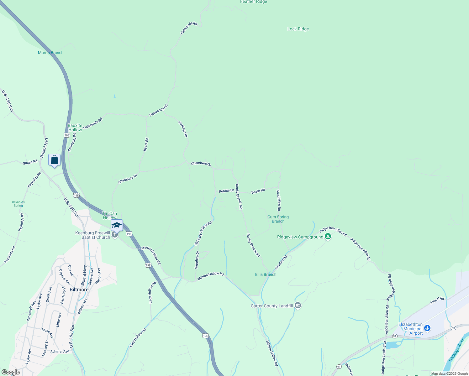 map of restaurants, bars, coffee shops, grocery stores, and more near 295 Rocky Branch Road in Elizabethton