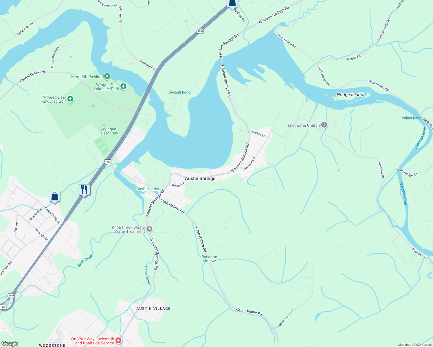 map of restaurants, bars, coffee shops, grocery stores, and more near 731 Austin Springs Rd in Johnson City