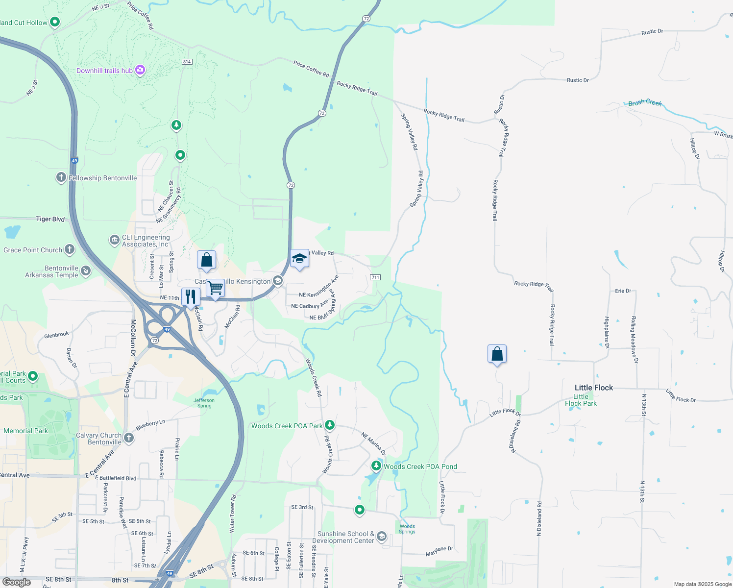 map of restaurants, bars, coffee shops, grocery stores, and more near Croft Ledge Drive in Bentonville