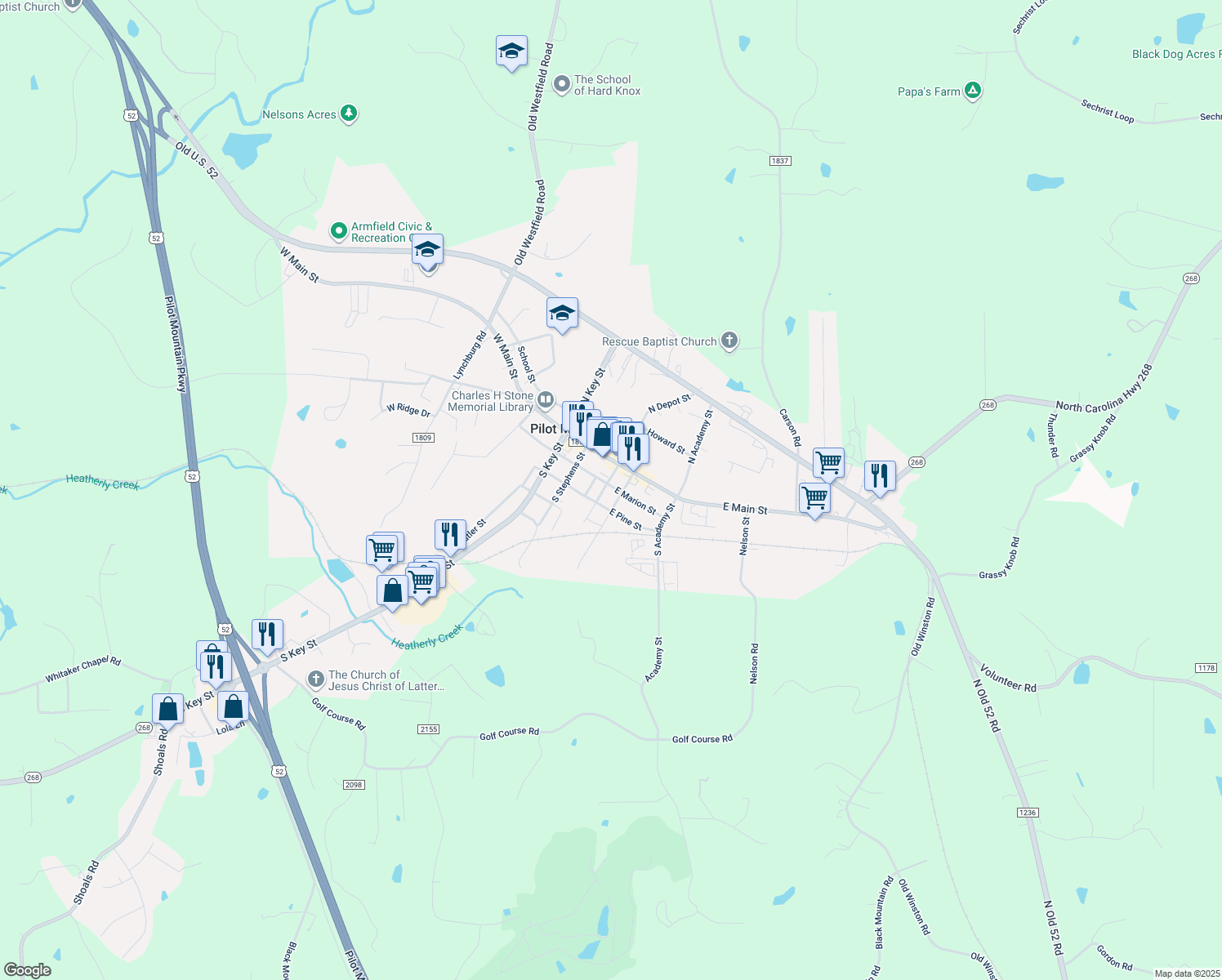 map of restaurants, bars, coffee shops, grocery stores, and more near 200 South Depot Street in Pilot Mountain