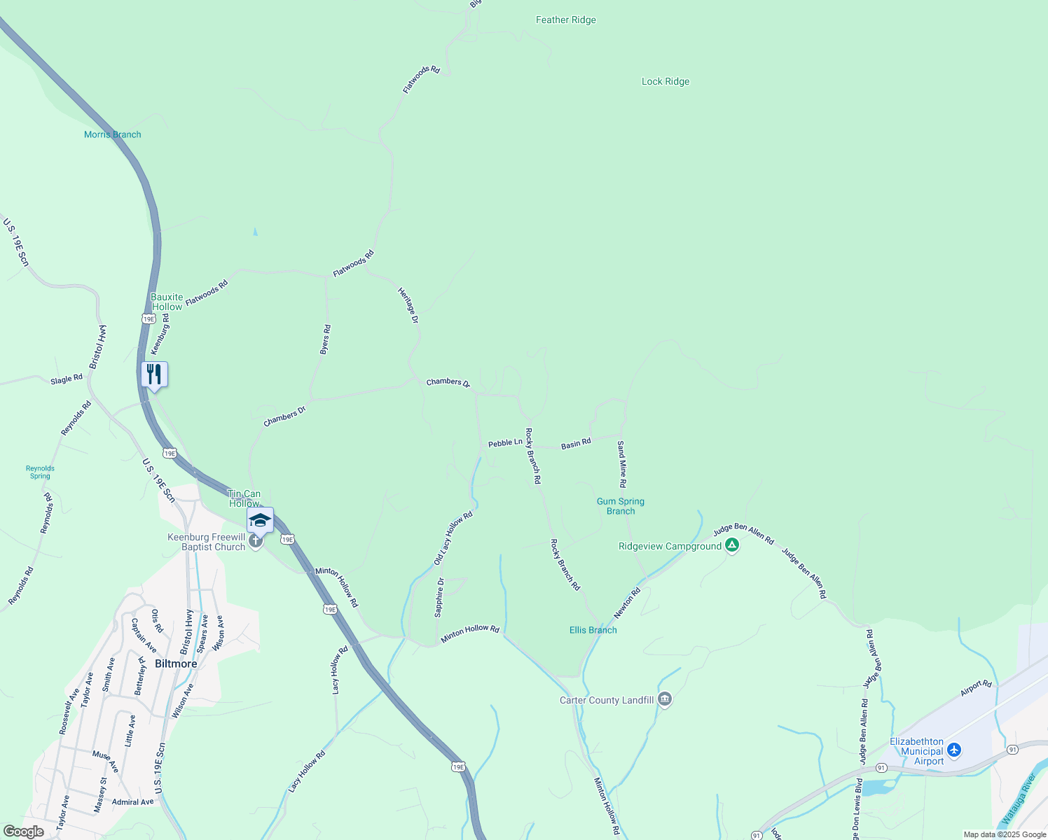 map of restaurants, bars, coffee shops, grocery stores, and more near 295 Rocky Branch Road in Elizabethton