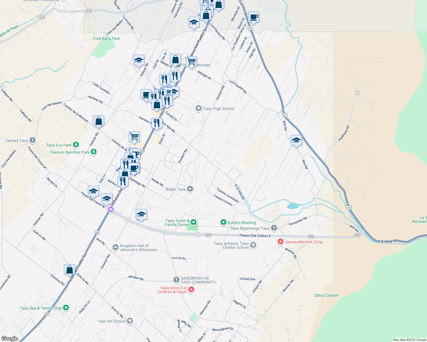 map of restaurants, bars, coffee shops, grocery stores, and more near Ledesma Ln in Taos