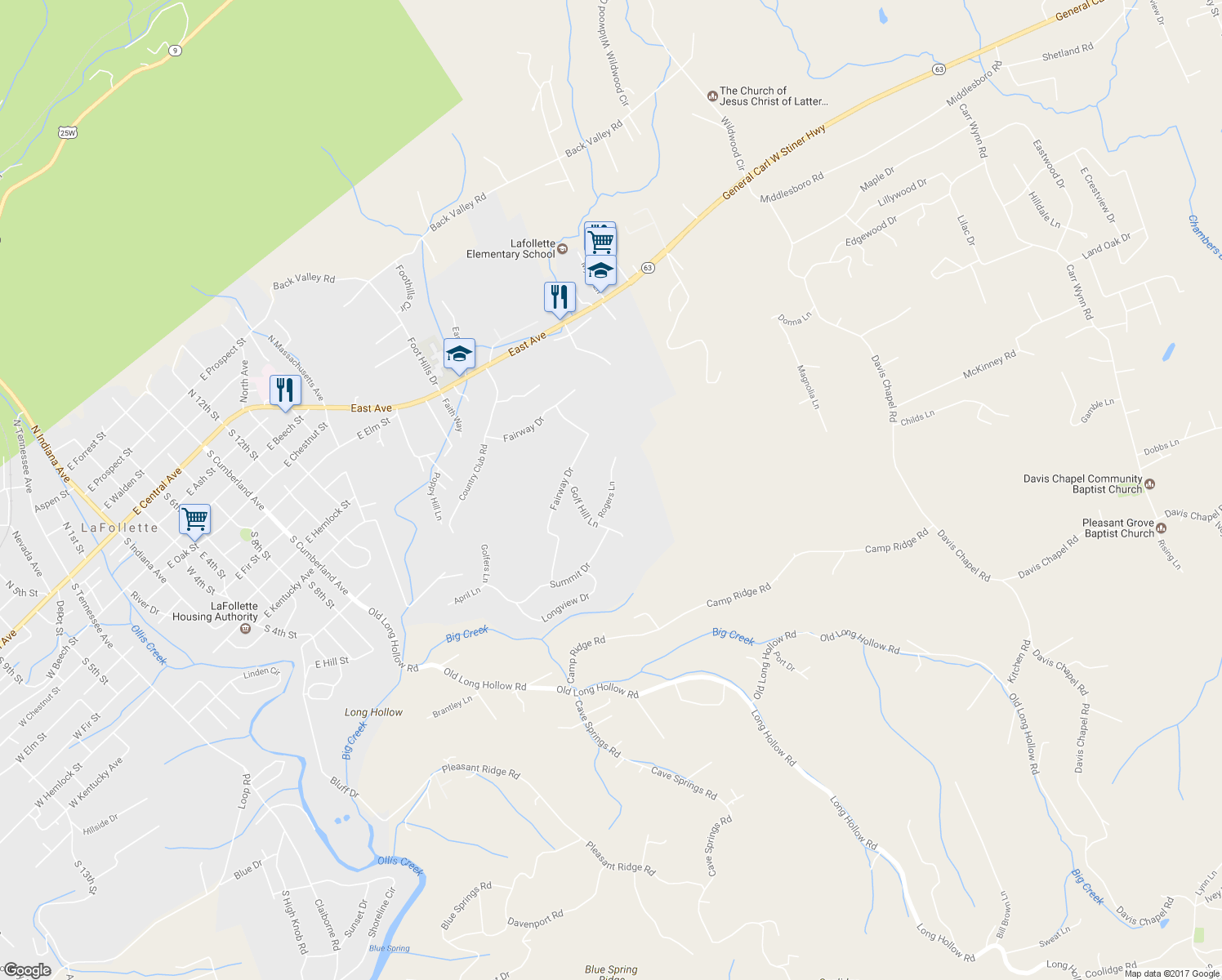 map of restaurants, bars, coffee shops, grocery stores, and more near Rogers Lane in LaFollette