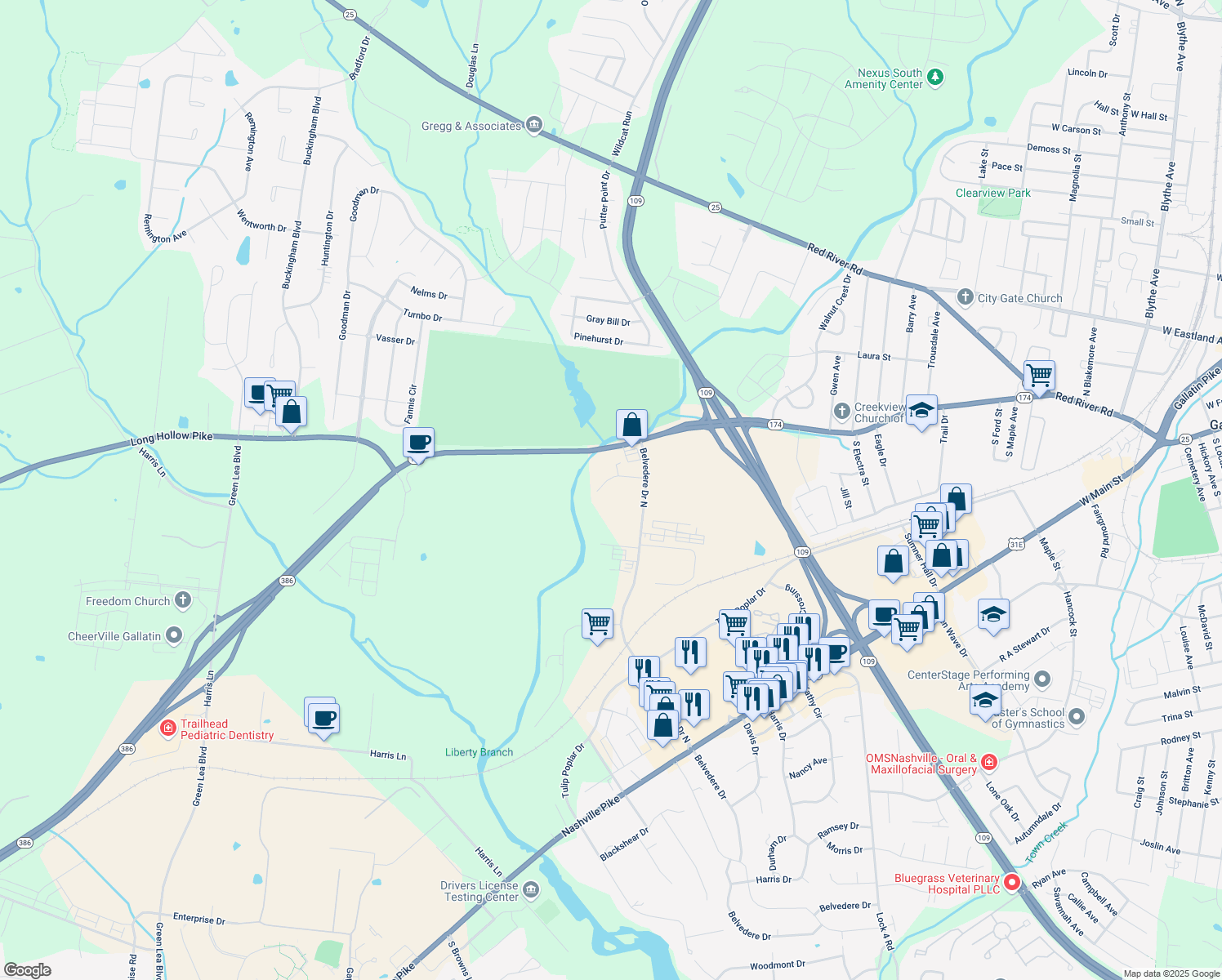 map of restaurants, bars, coffee shops, grocery stores, and more near 805 Teal Drive in Gallatin