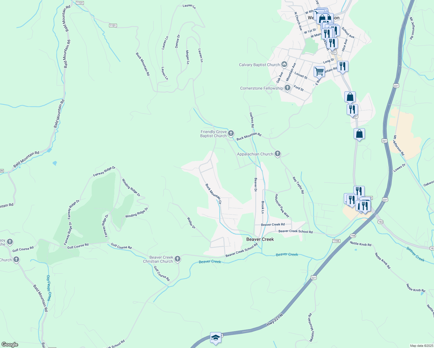 map of restaurants, bars, coffee shops, grocery stores, and more near 235 Page Drive in West Jefferson