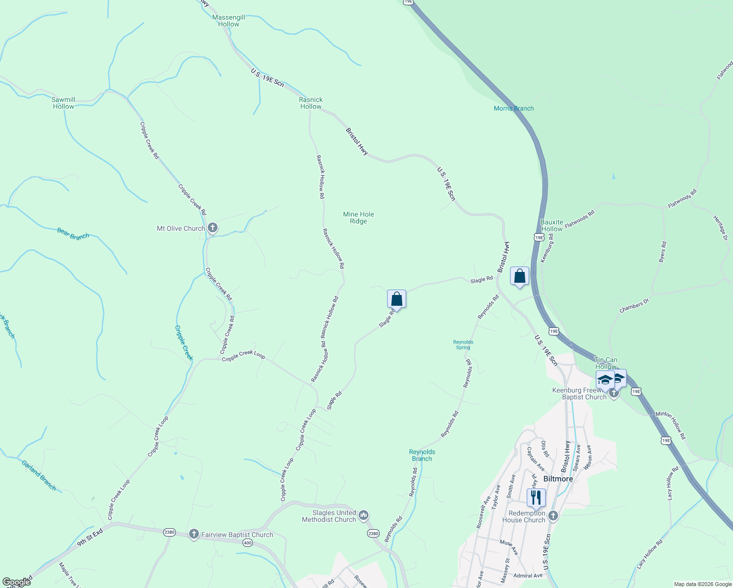 map of restaurants, bars, coffee shops, grocery stores, and more near 133 Bob Wright Road in Elizabethton
