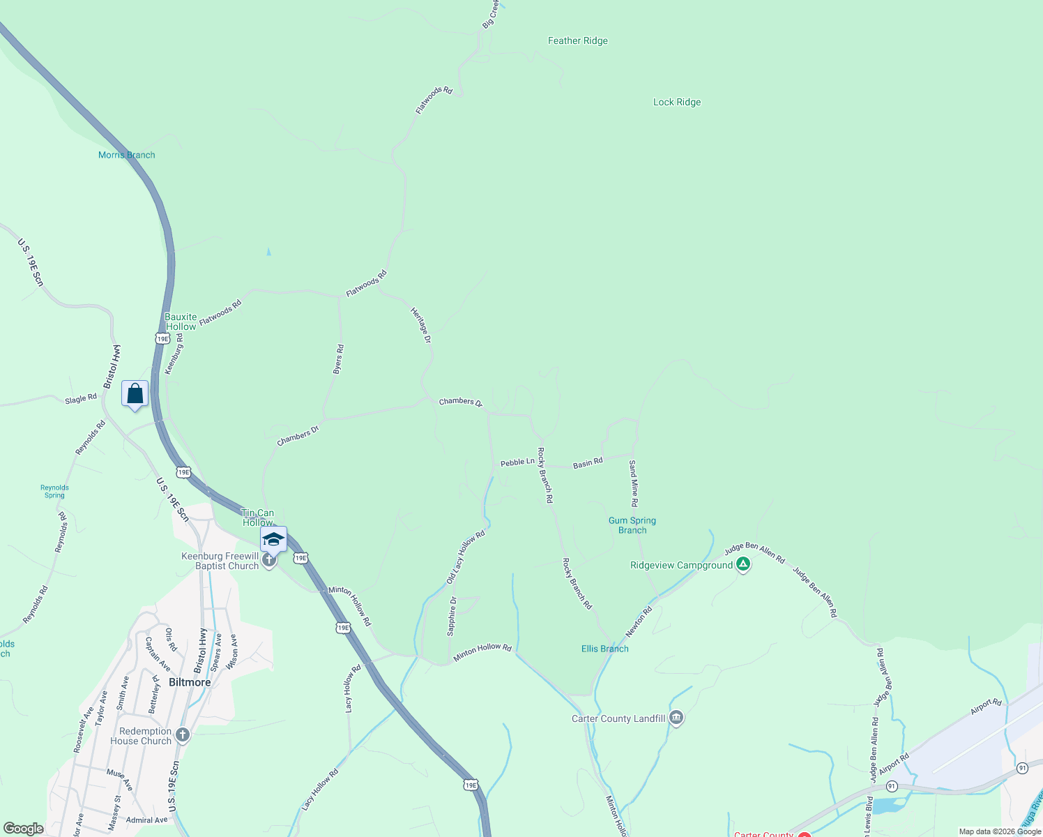map of restaurants, bars, coffee shops, grocery stores, and more near 121 Lewis Blevins Road in Elizabethton