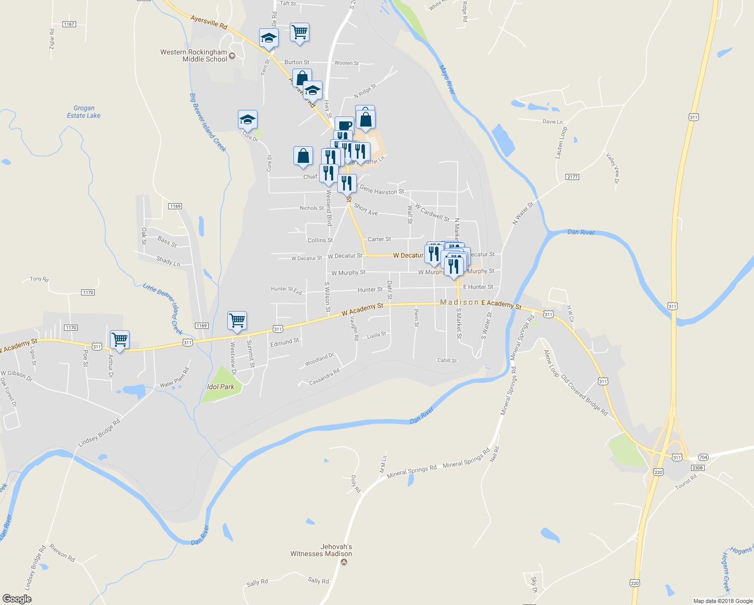 map of restaurants, bars, coffee shops, grocery stores, and more near 406 West Academy Street in Madison