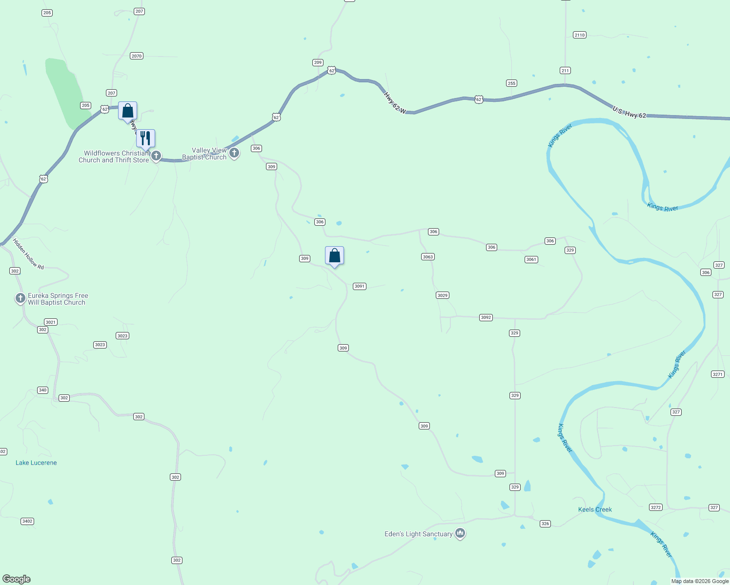 map of restaurants, bars, coffee shops, grocery stores, and more near 83 County Road 3091 in Eureka Springs