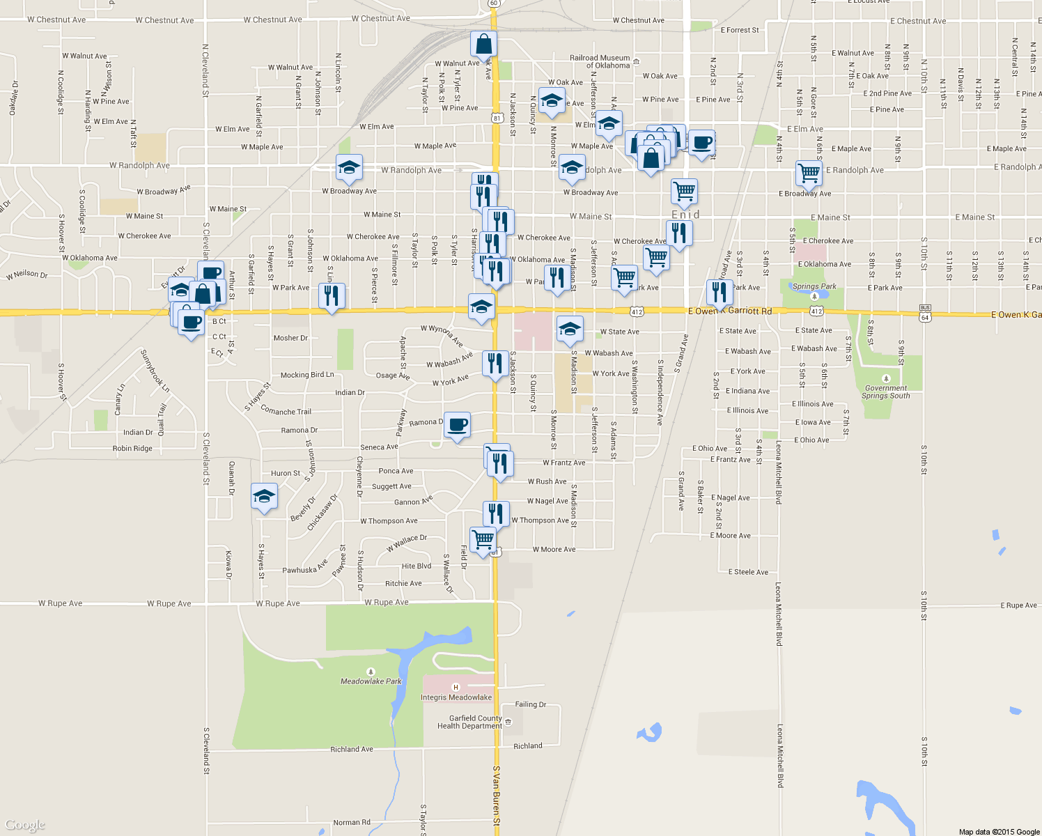 map of restaurants, bars, coffee shops, grocery stores, and more near 817 W Illinois Ave in Enid
