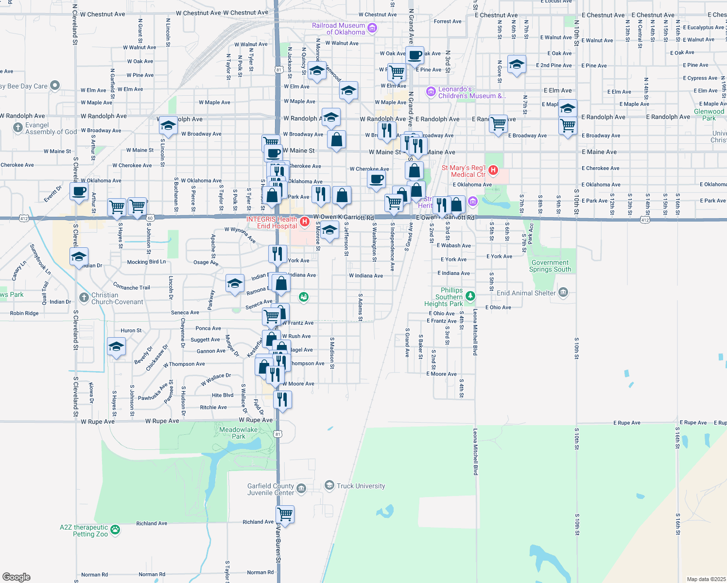 map of restaurants, bars, coffee shops, grocery stores, and more near 323 W Illinois Ave in Enid