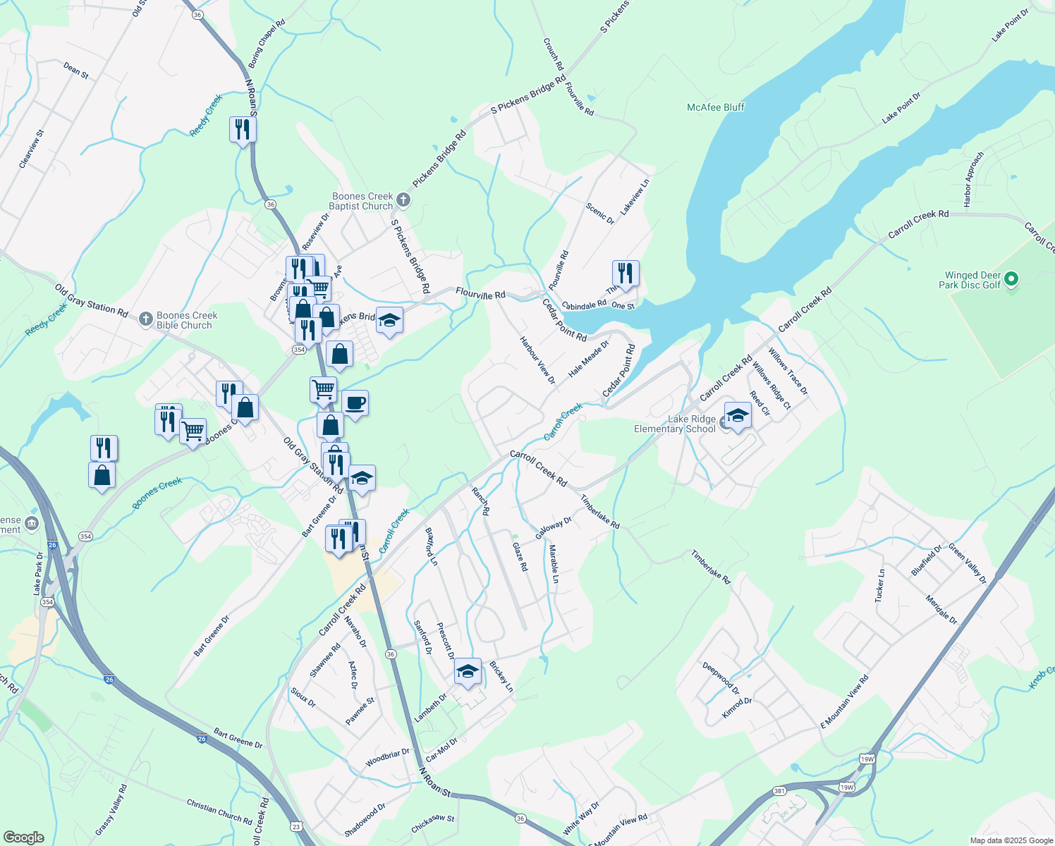 map of restaurants, bars, coffee shops, grocery stores, and more near 412 Emerald Chase Cir in Johnson City