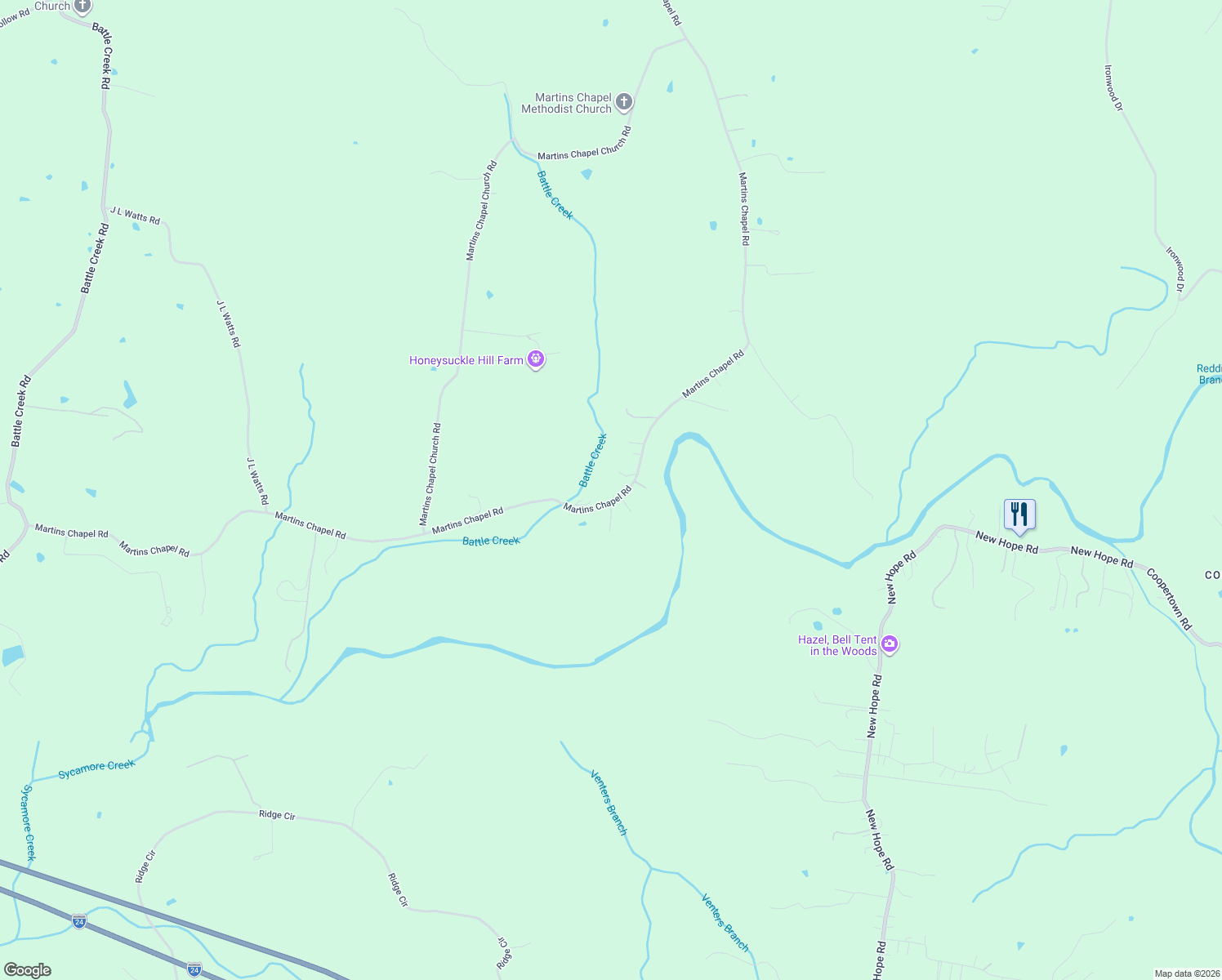 map of restaurants, bars, coffee shops, grocery stores, and more near 3968 Martins Chapel Road in Springfield