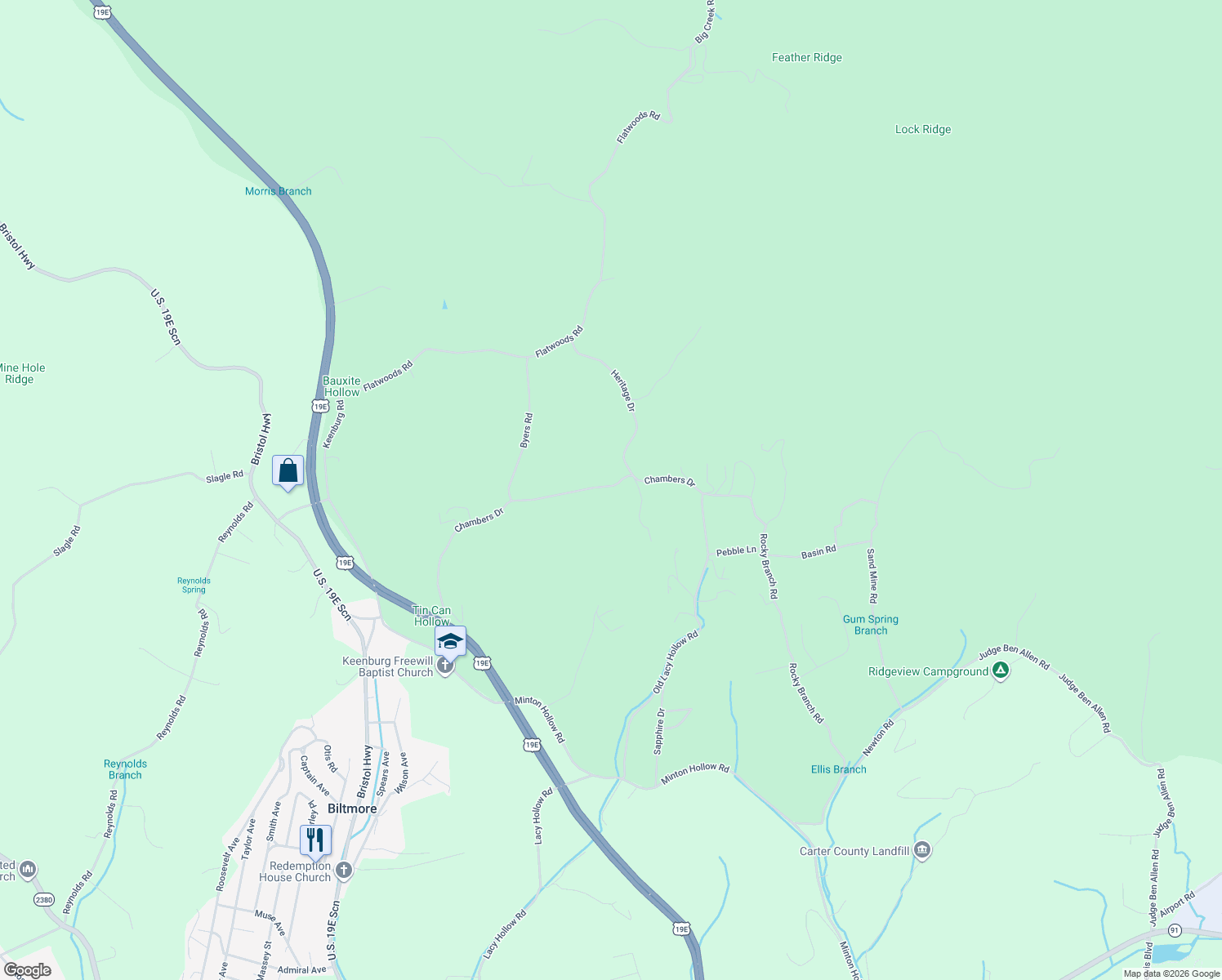 map of restaurants, bars, coffee shops, grocery stores, and more near 274 Chambers Drive in Elizabethton
