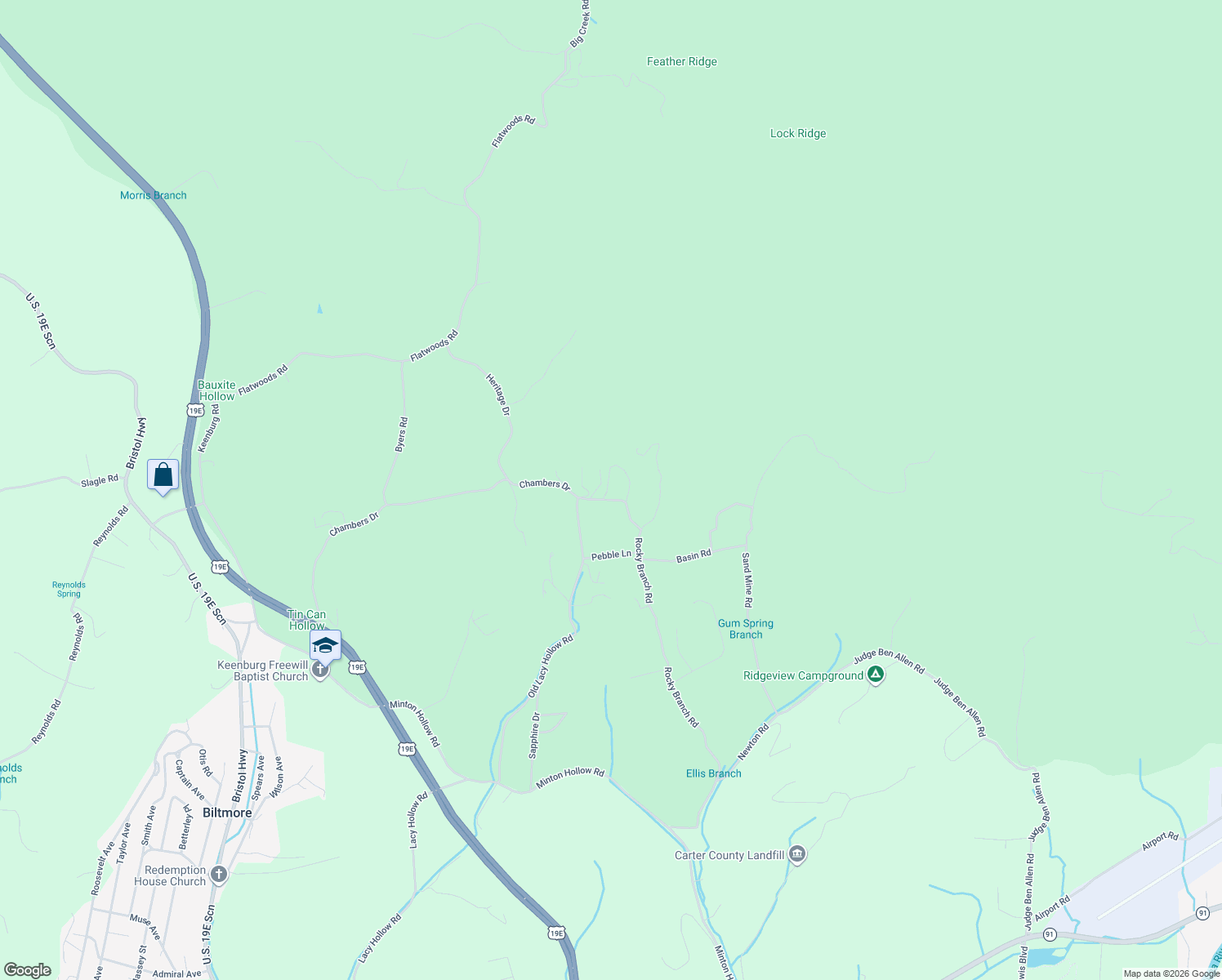 map of restaurants, bars, coffee shops, grocery stores, and more near 121 Lewis Blevins Road in Elizabethton