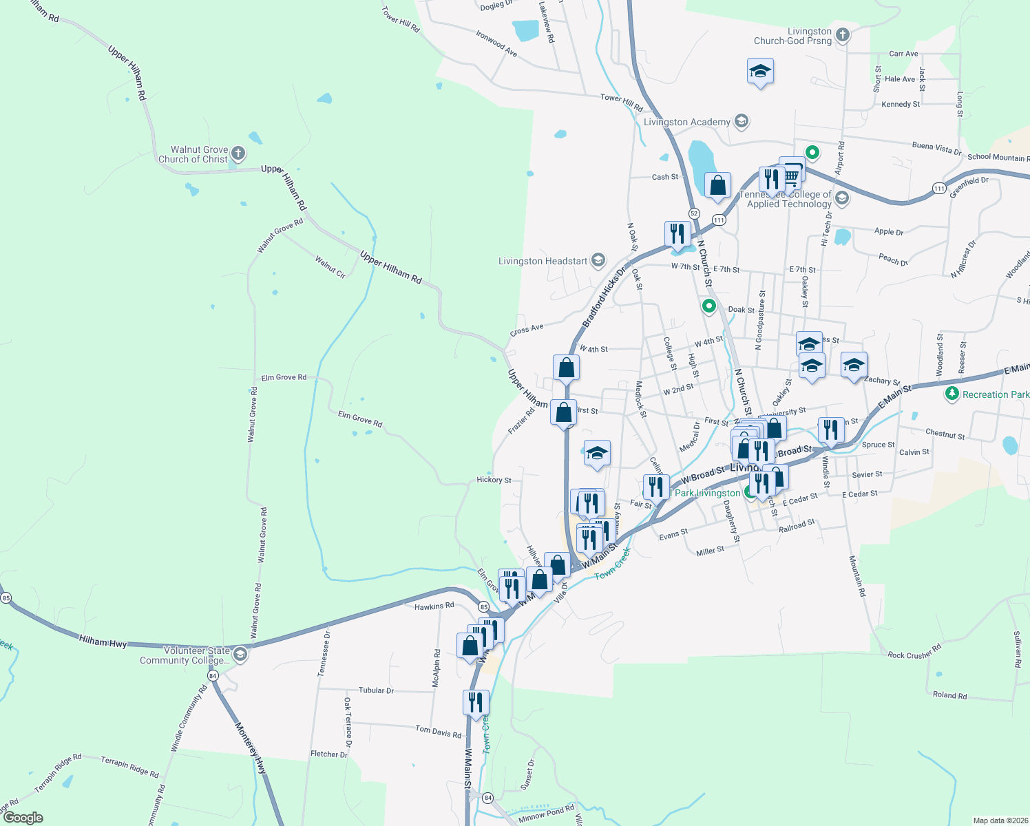 map of restaurants, bars, coffee shops, grocery stores, and more near 127 Frazier Road in Livingston