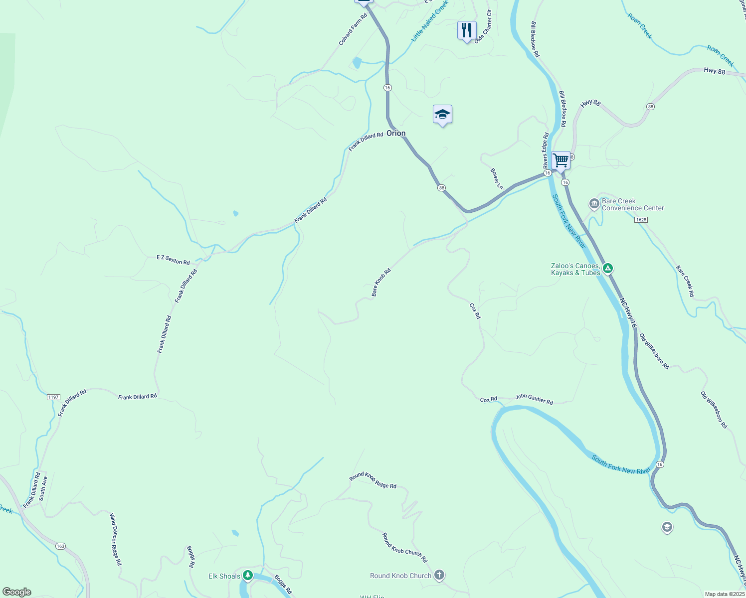 map of restaurants, bars, coffee shops, grocery stores, and more near Bare Knob Road in Ashe County
