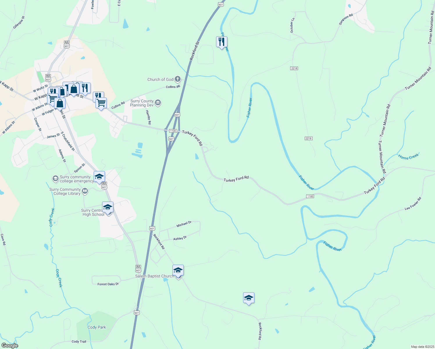 map of restaurants, bars, coffee shops, grocery stores, and more near 389 Turkey Ford Rd in Dobson
