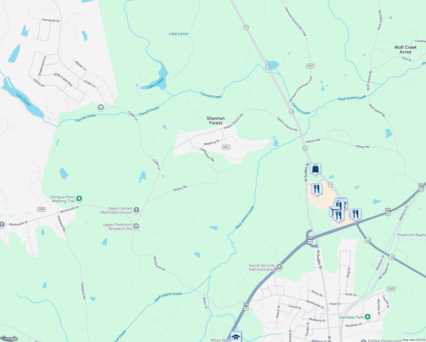 map of restaurants, bars, coffee shops, grocery stores, and more near 300 Canterbury Road in Reidsville