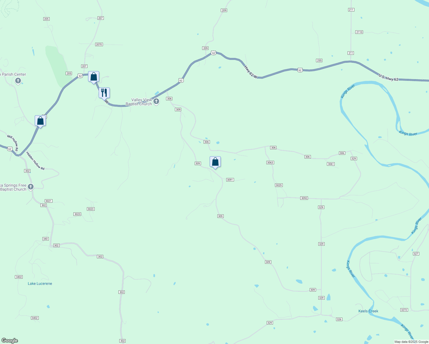 map of restaurants, bars, coffee shops, grocery stores, and more near 805 County Road 309 in Eureka Springs