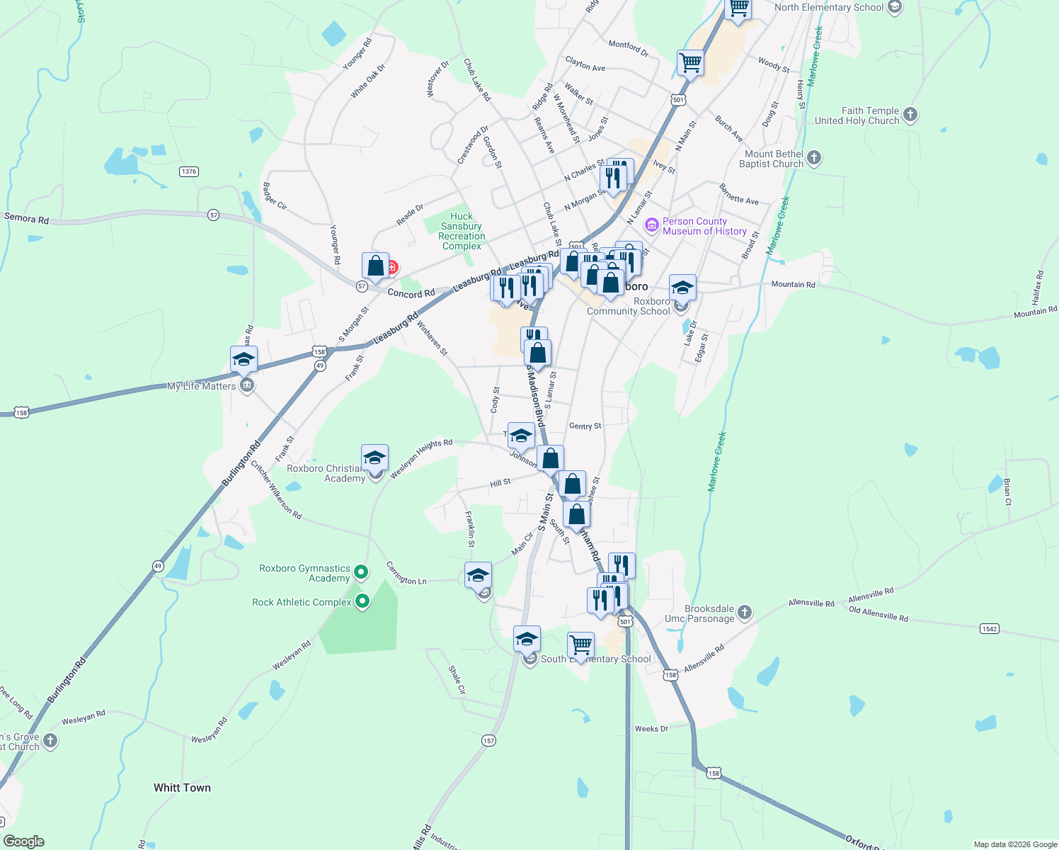 map of restaurants, bars, coffee shops, grocery stores, and more near 527 Booth Street in Roxboro