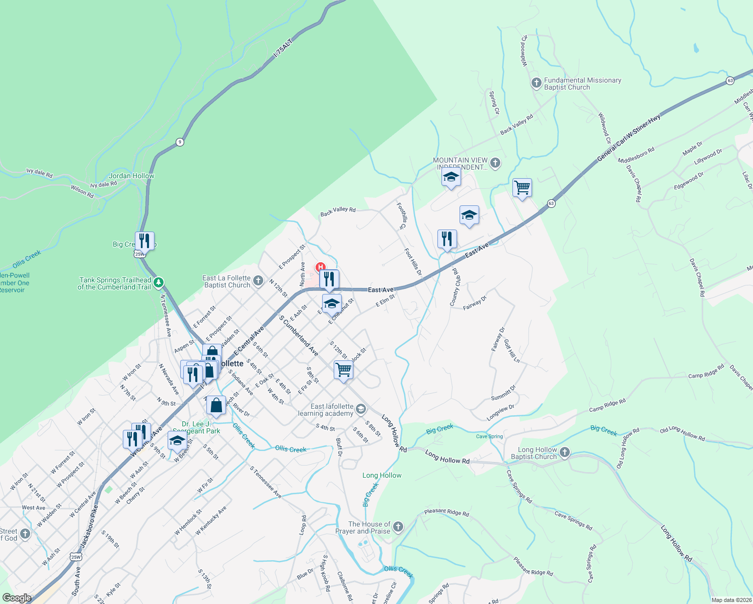 map of restaurants, bars, coffee shops, grocery stores, and more near 1117 East Elm Street in LaFollette