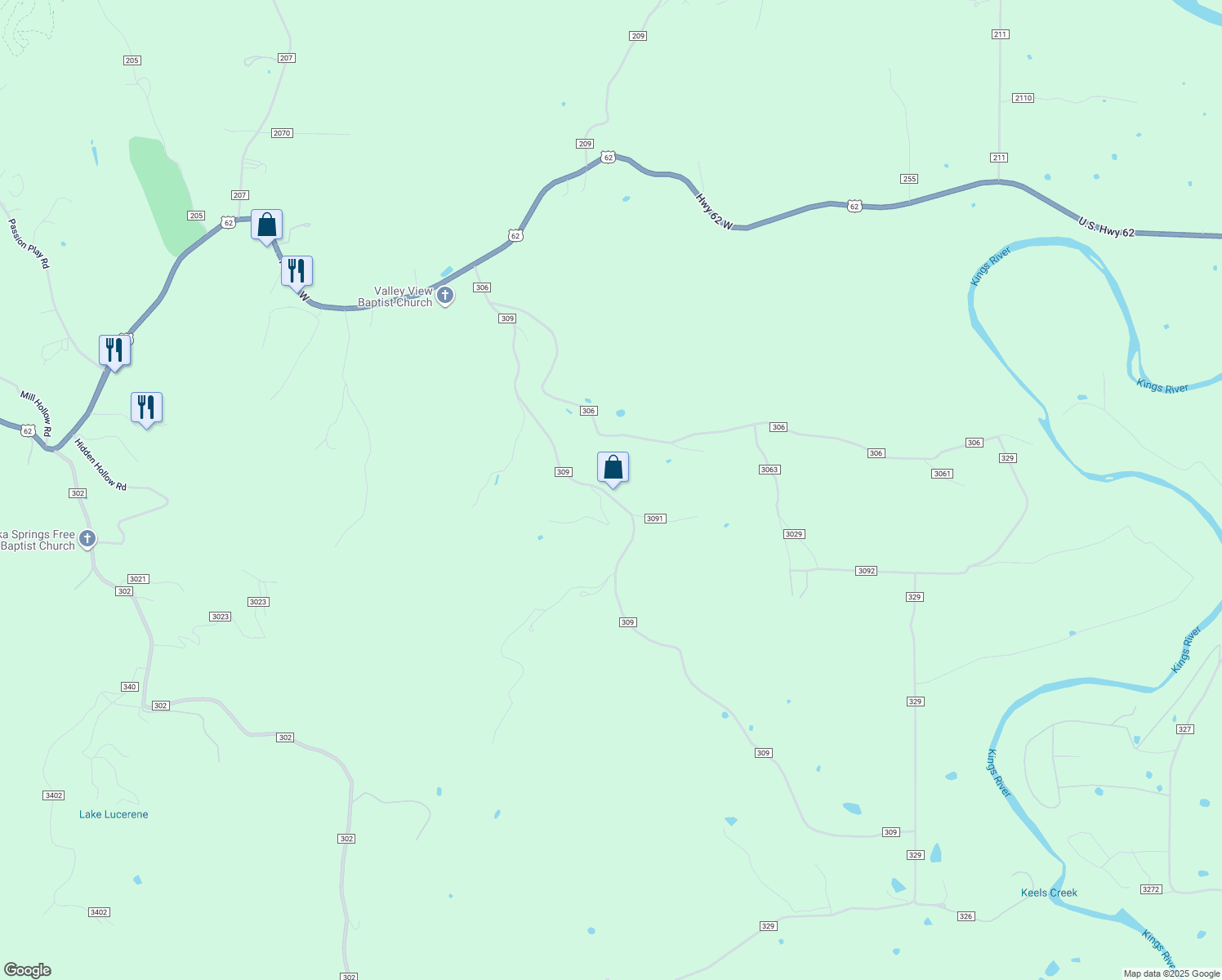 map of restaurants, bars, coffee shops, grocery stores, and more near 805 County Road 309 in Eureka Springs