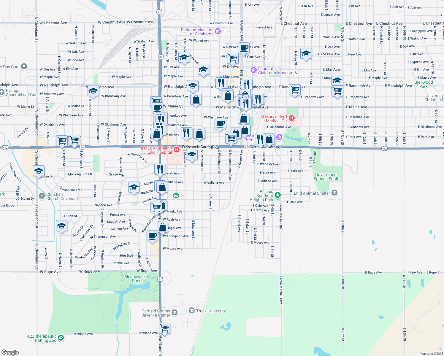 map of restaurants, bars, coffee shops, grocery stores, and more near 915 South Washington Street in Enid