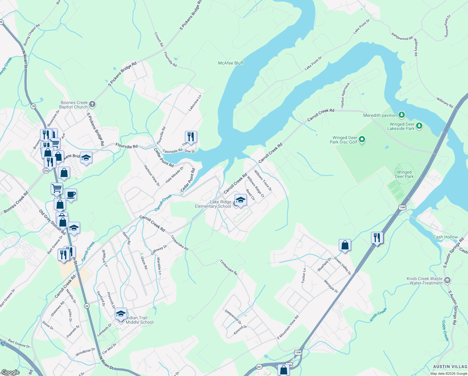 map of restaurants, bars, coffee shops, grocery stores, and more near 106 Lee Carter Drive in Johnson City