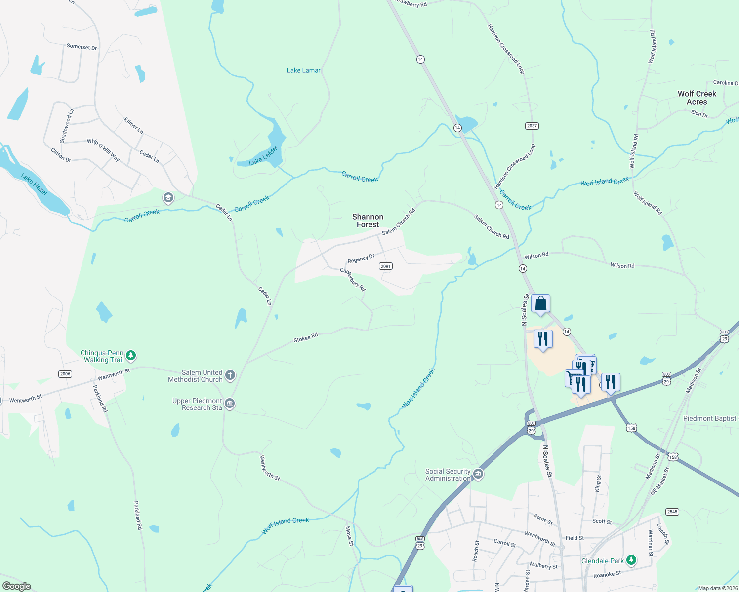 map of restaurants, bars, coffee shops, grocery stores, and more near 300 Canterbury Road in Reidsville