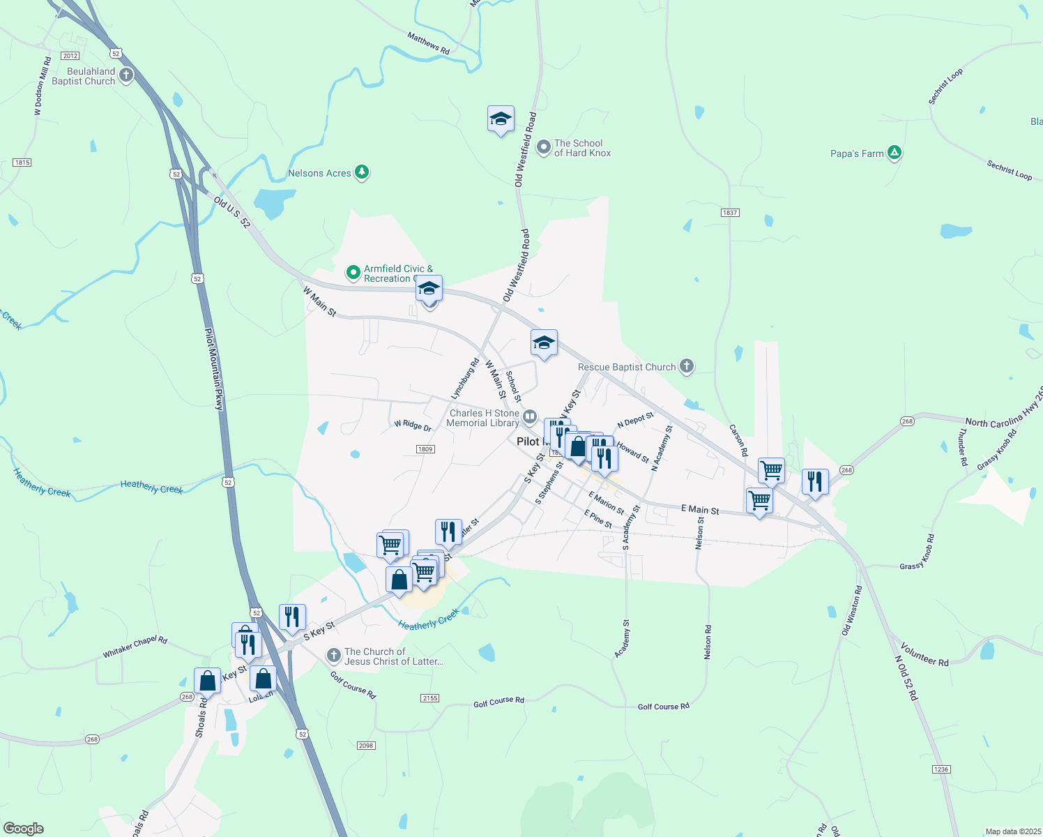 map of restaurants, bars, coffee shops, grocery stores, and more near 403 West Main Street in Pilot Mountain