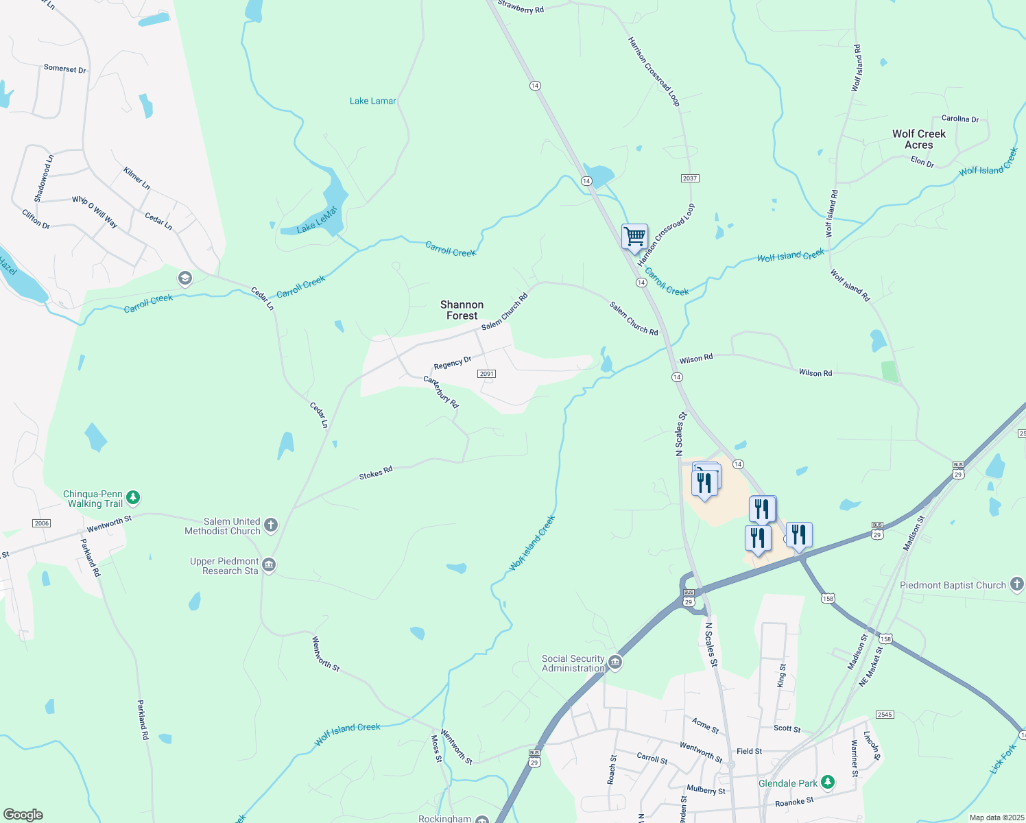 map of restaurants, bars, coffee shops, grocery stores, and more near 143 Greenbriar Road in Reidsville