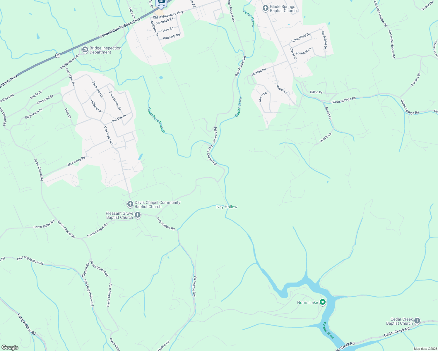 map of restaurants, bars, coffee shops, grocery stores, and more near 1446 Davis Chapel Road in LaFollette