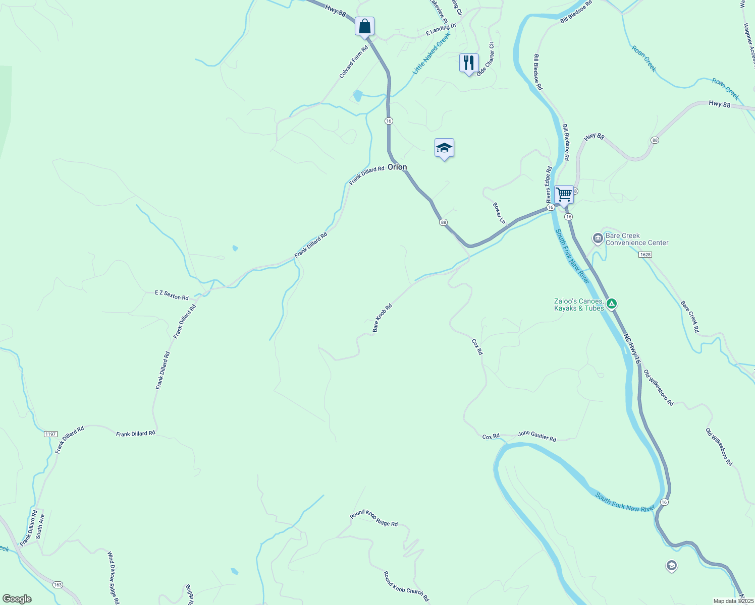 map of restaurants, bars, coffee shops, grocery stores, and more near 682 Bare Knob Road in Jefferson