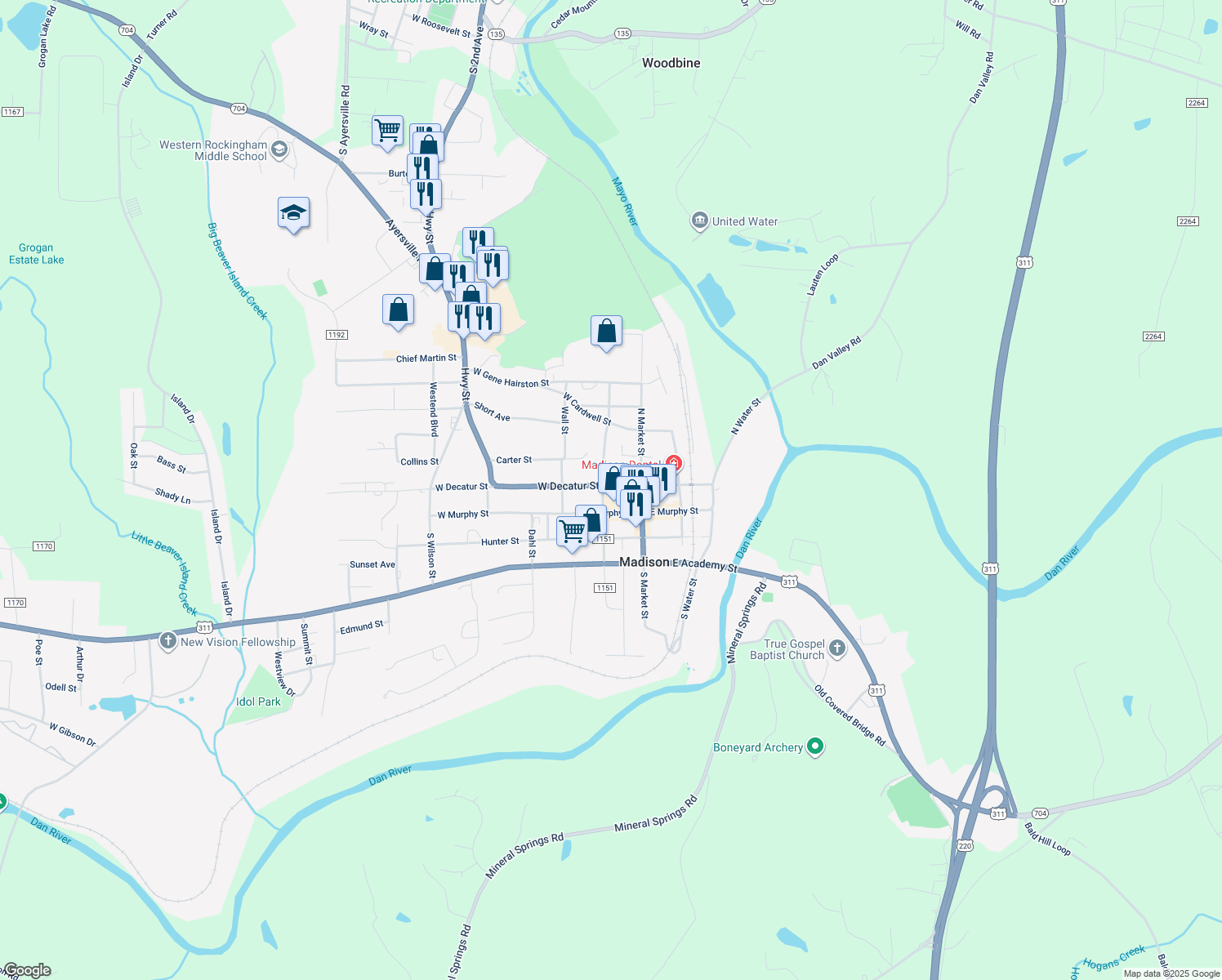 map of restaurants, bars, coffee shops, grocery stores, and more near 111 West Decatur Street in Madison