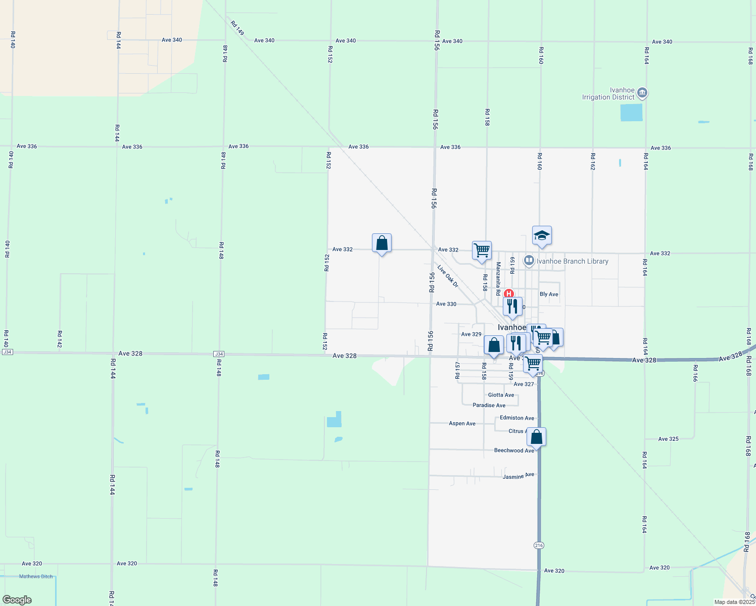 map of restaurants, bars, coffee shops, grocery stores, and more near 15300-15598 Ave 330 in Ivanhoe