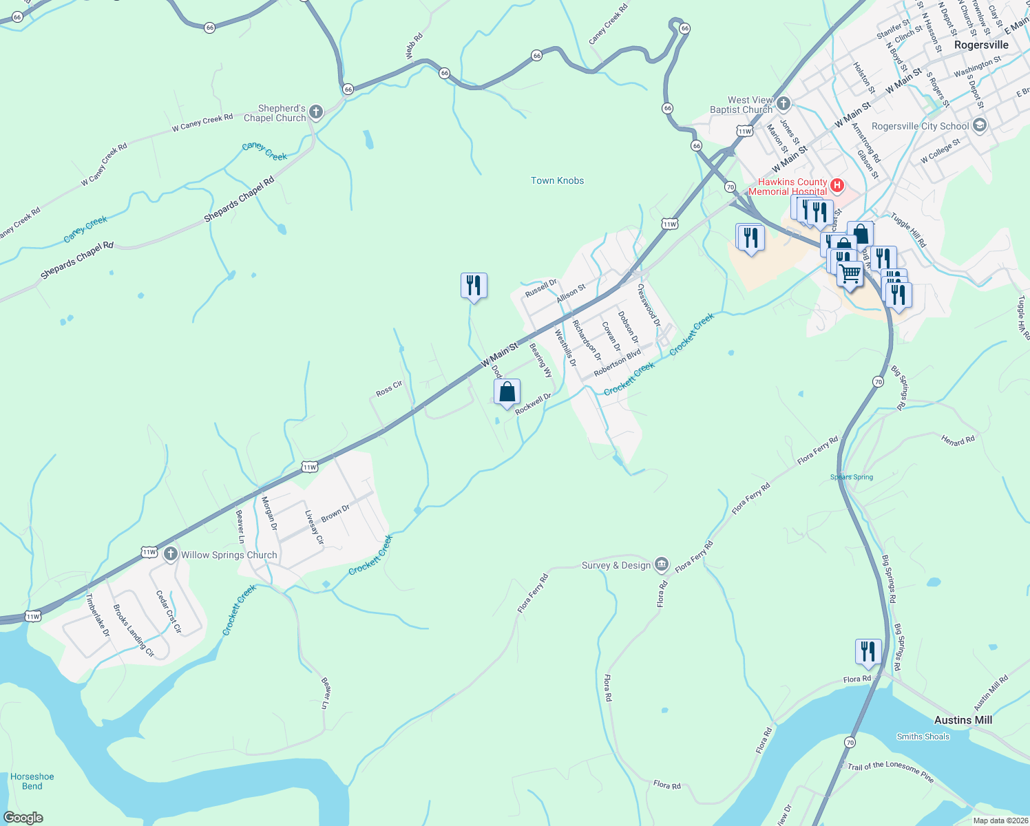 map of restaurants, bars, coffee shops, grocery stores, and more near 210 Dodge Drive in Rogersville