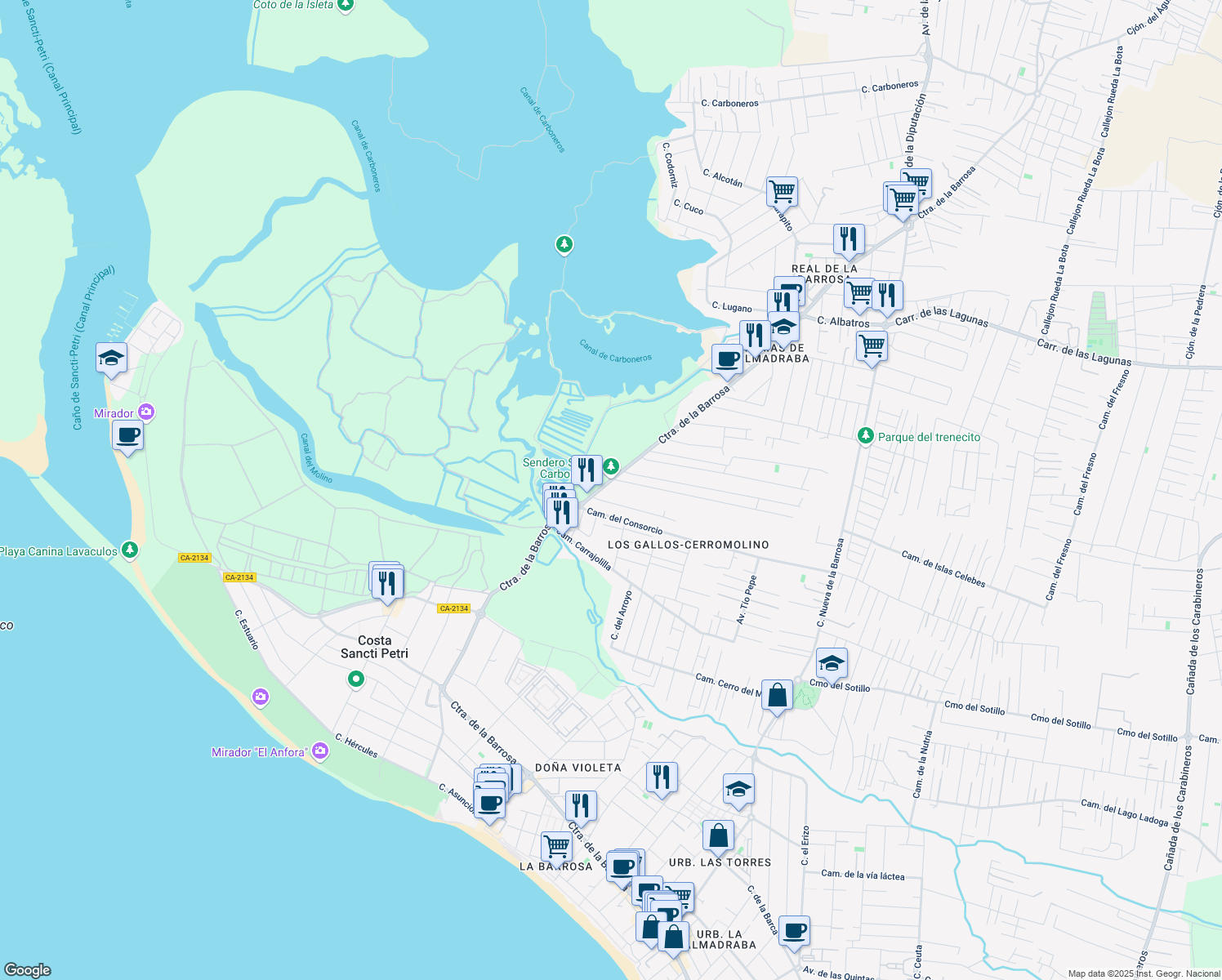 map of restaurants, bars, coffee shops, grocery stores, and more near 647 Carretera de la Barrosa in Chiclana de la Frontera