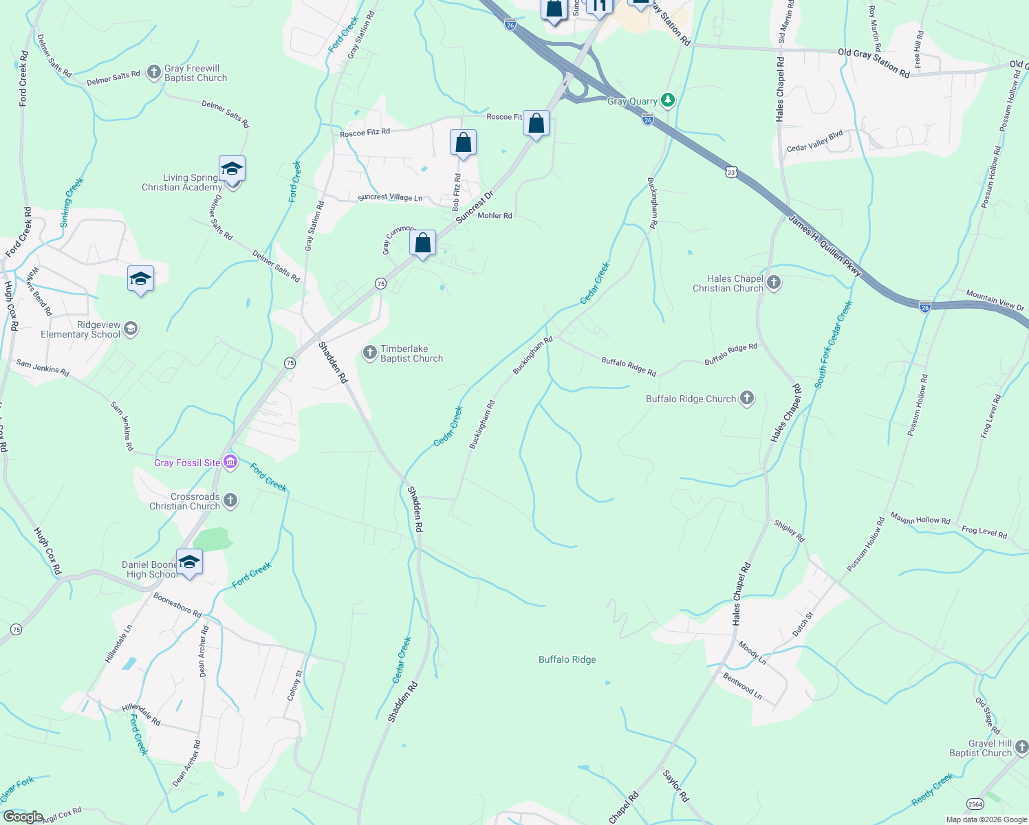 map of restaurants, bars, coffee shops, grocery stores, and more near 490 Buckingham Road in Gray