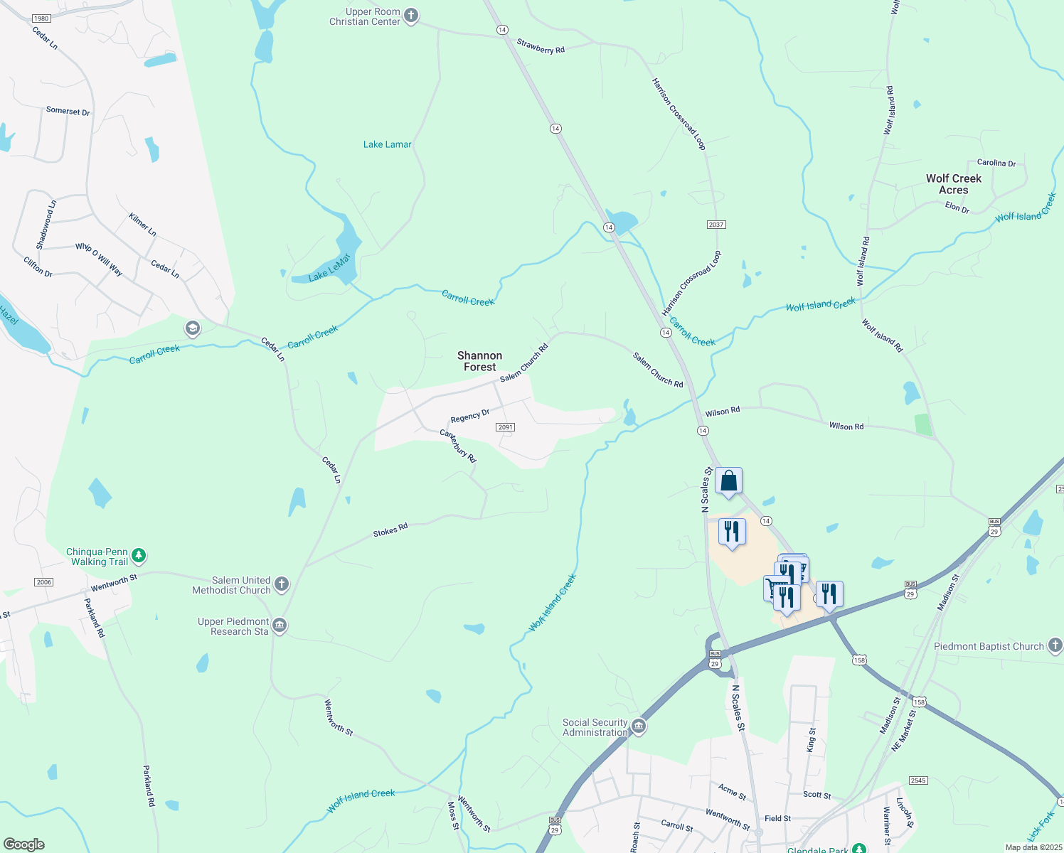 map of restaurants, bars, coffee shops, grocery stores, and more near 142 Kingwood Road in Reidsville