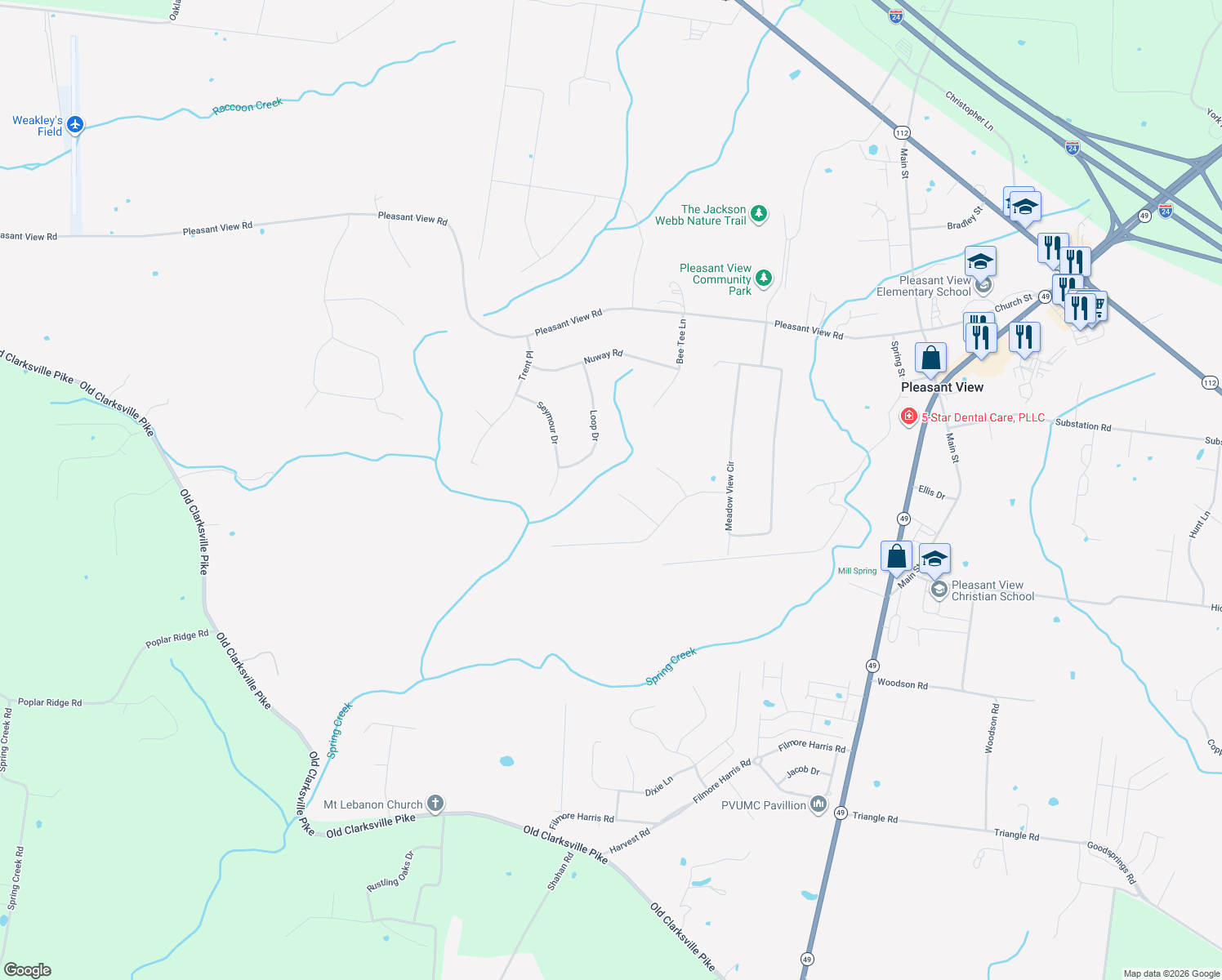 map of restaurants, bars, coffee shops, grocery stores, and more near 5232 Grand View Lane in Pleasant View