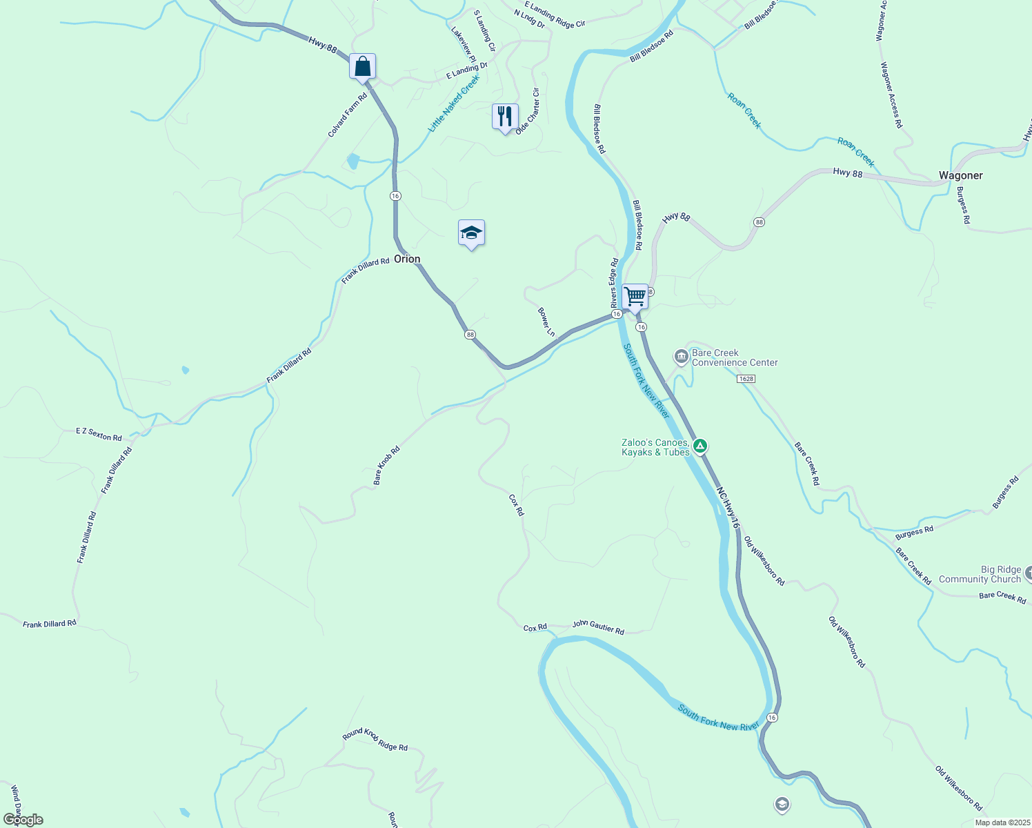 map of restaurants, bars, coffee shops, grocery stores, and more near 619 Cox Road in Jefferson