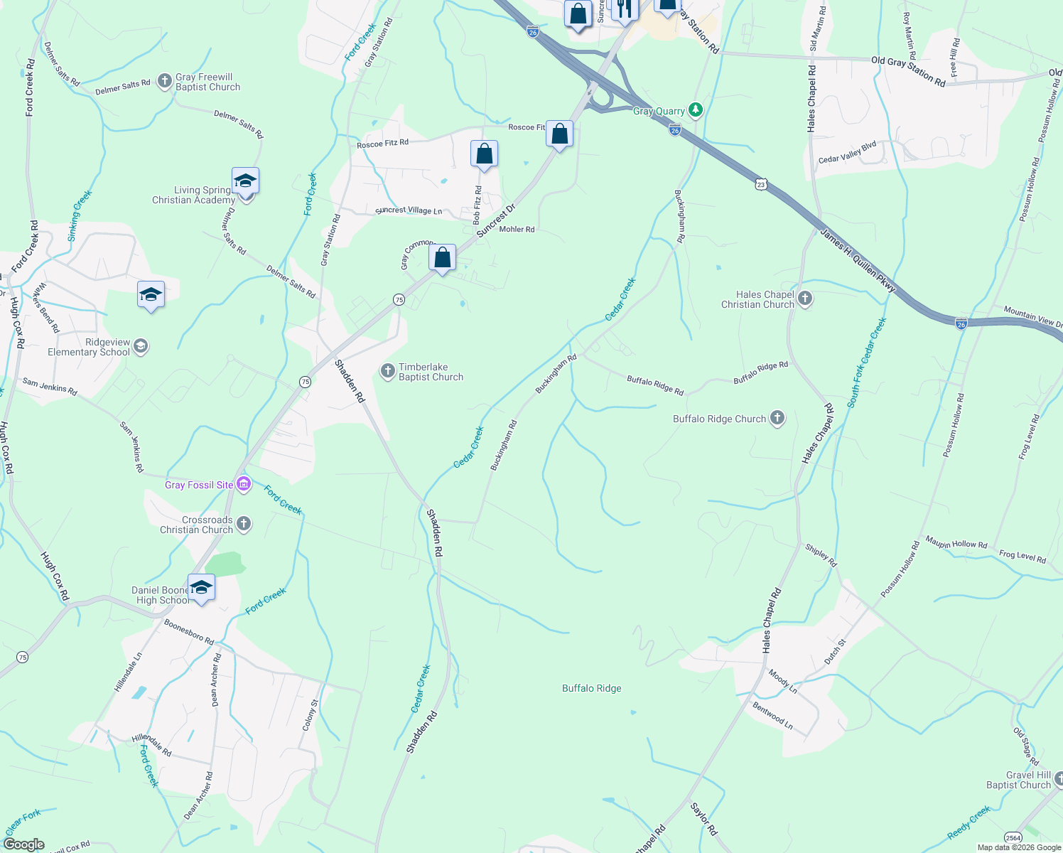 map of restaurants, bars, coffee shops, grocery stores, and more near 490 Buckingham Road in Gray