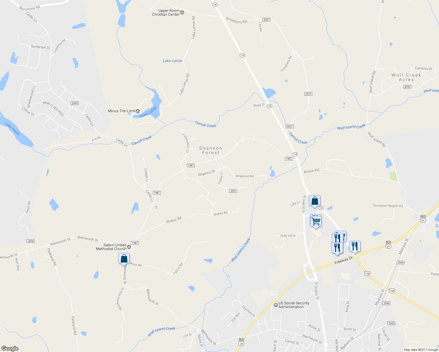 map of restaurants, bars, coffee shops, grocery stores, and more near 182 Timber Lane in Reidsville